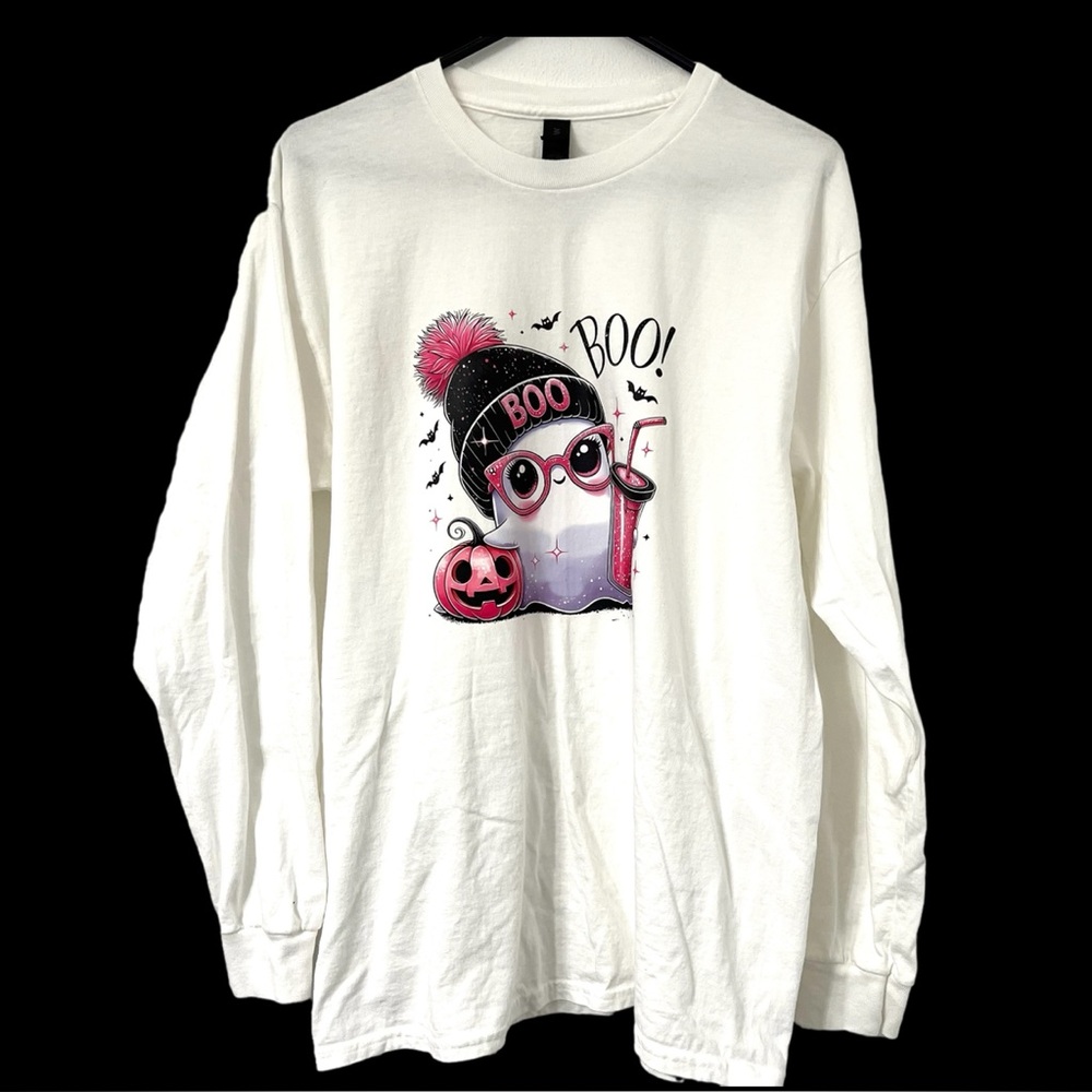 Boo Ghost Halloween Long Sleeve T-Shirt | Cute Pink Spooky Graphic Tee